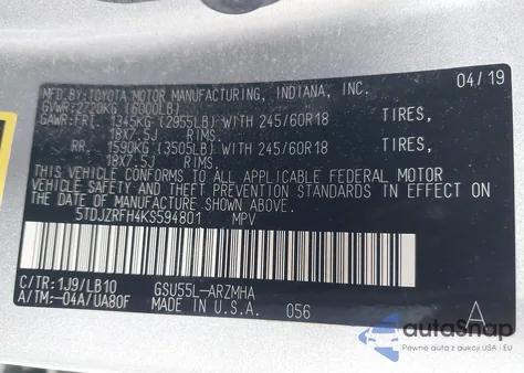 2019 Toyota Highlander Xle from USA, damaged, VIN 5TDJZRFH4KS594801